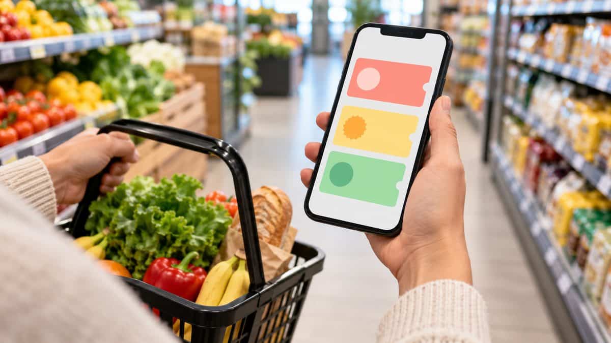 Shopper checking a digital coupon on a smartphone while holding a basket of groceries