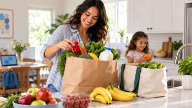 Parent unpacking a grocery delivery bag of fresh produce on a bright kitchen counter