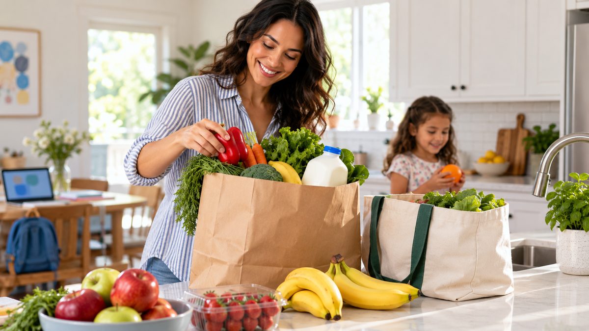Parent unpacking a grocery delivery bag of fresh produce on a bright kitchen counter