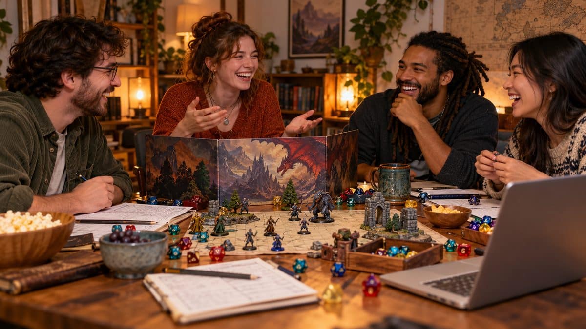 Group of friends laughing around a table while playing a fantasy tabletop role-playing game with dice and a laptop