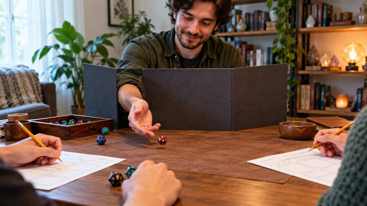 Game master behind a screen rolling dice while players write on character sheets
