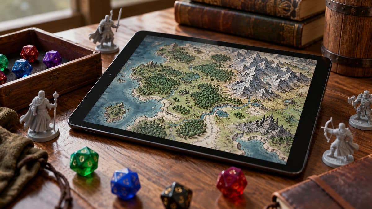 Tablet showing a fantasy map surrounded by polyhedral dice and miniature figures