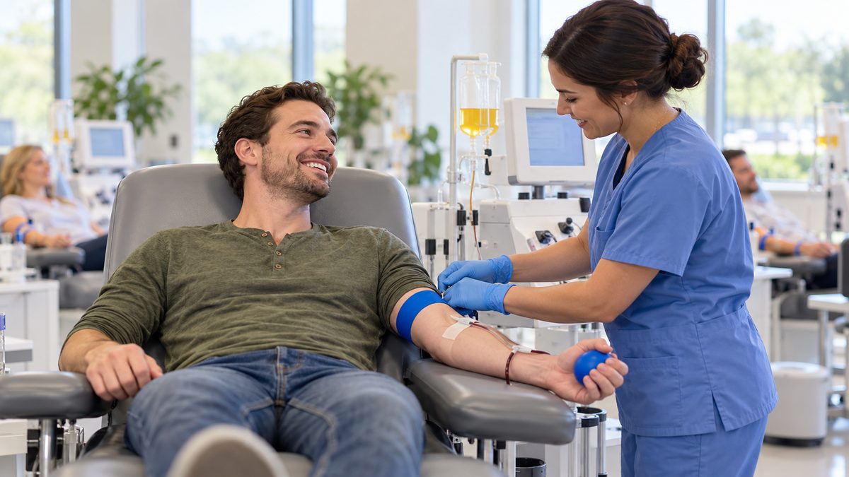 Donor relaxing in a reclining chair while a nurse checks in at a bright plasma donation center