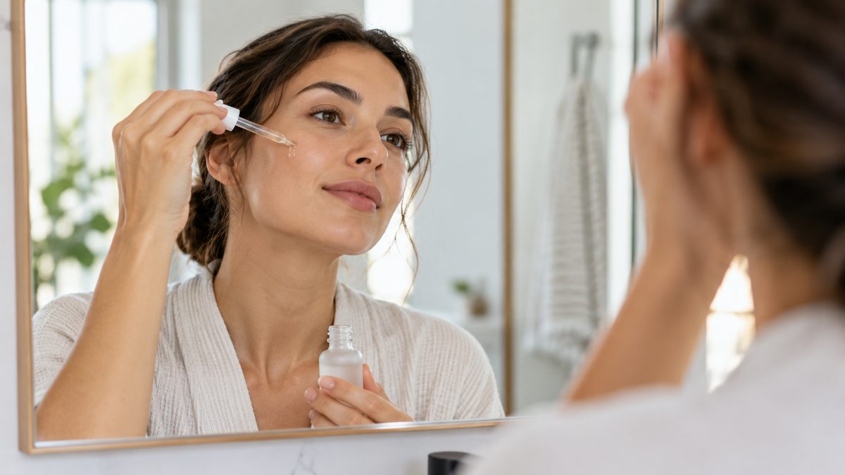 Woman applying face serum from a dropper bottle in front of a mirror