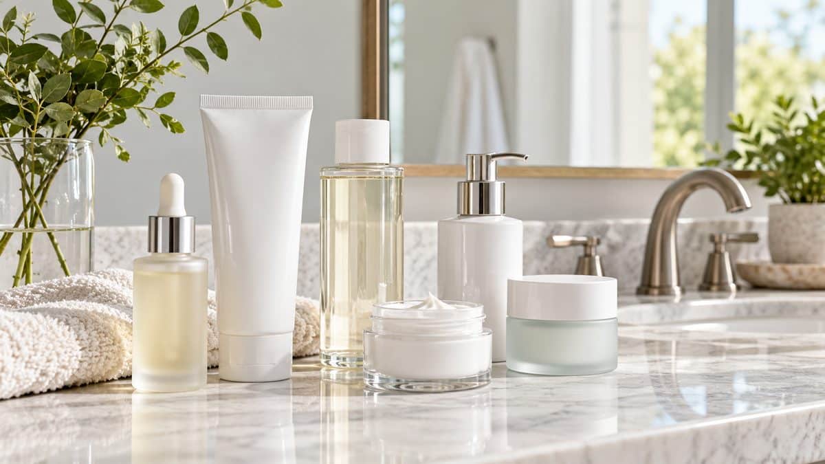 Unlabeled skincare bottles and jars on a bright bathroom counter
