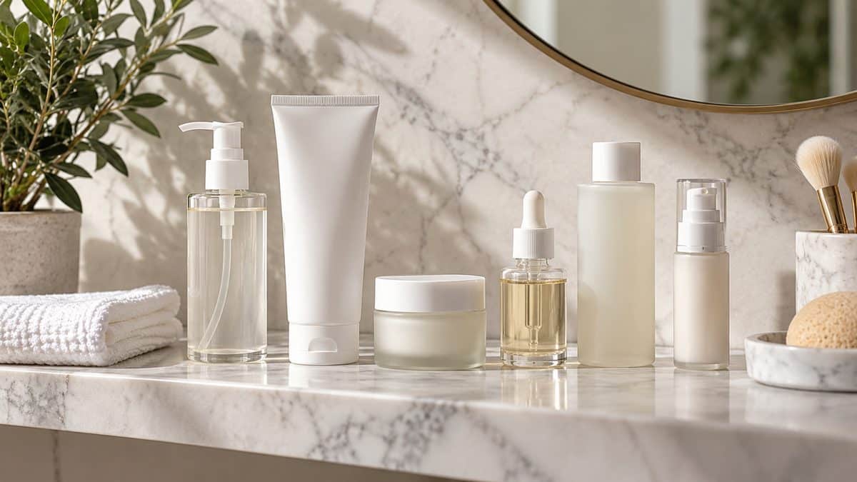 Minimal skincare routine products arranged on a marble shelf
