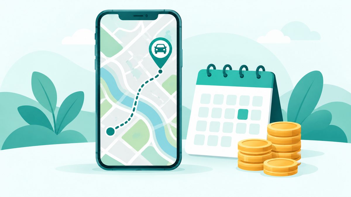 Illustration of a smartphone tracking a car on a map beside a calendar and stacked coins, suggesting savings on a yearly subscription