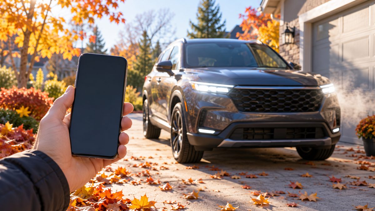 Driver holding a smartphone to remote start an SUV parked in a sunny driveway on an autumn morning