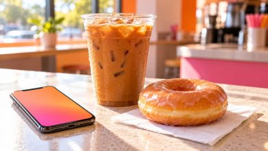 Iced coffee and a donut on a cafe counter next to a phone showing a rewards app