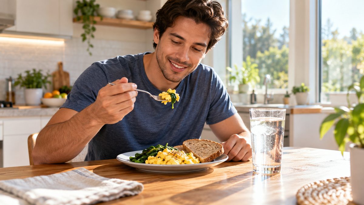 Donor in a short-sleeved shirt eating a healthy breakfast and drinking water before a plasma appointment
