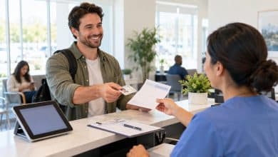 Person at a clinic reception desk handing over a photo ID and paperwork before a first plasma donation
