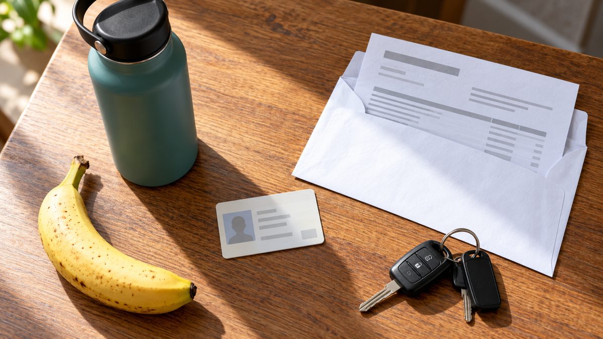 Hands placing a photo ID, a utility bill envelope and a water bottle on a table before a first plasma donation