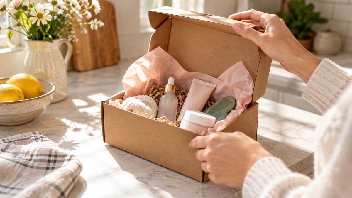 Hands opening a cardboard beauty box with cosmetics inside on a sunny kitchen counter