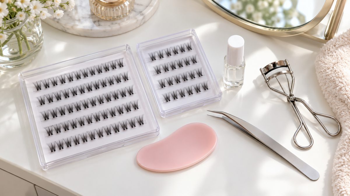Lash cluster trays, tweezers, lash curler and bond bottle on a white vanity