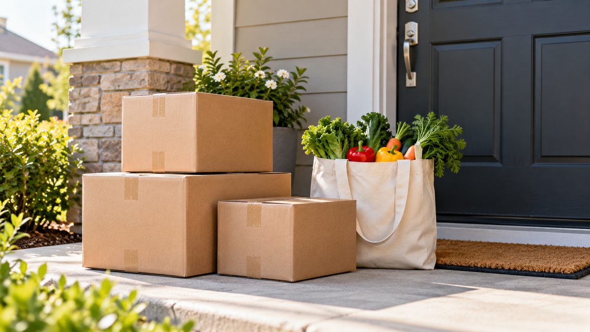 Delivery boxes and a grocery bag on a doorstep of a modest suburban home in morning light