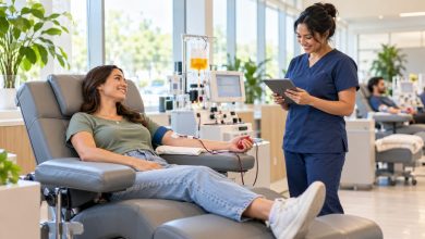 Smiling donor sitting in a modern reclining chair at a plasma donation center while staff checks a tablet