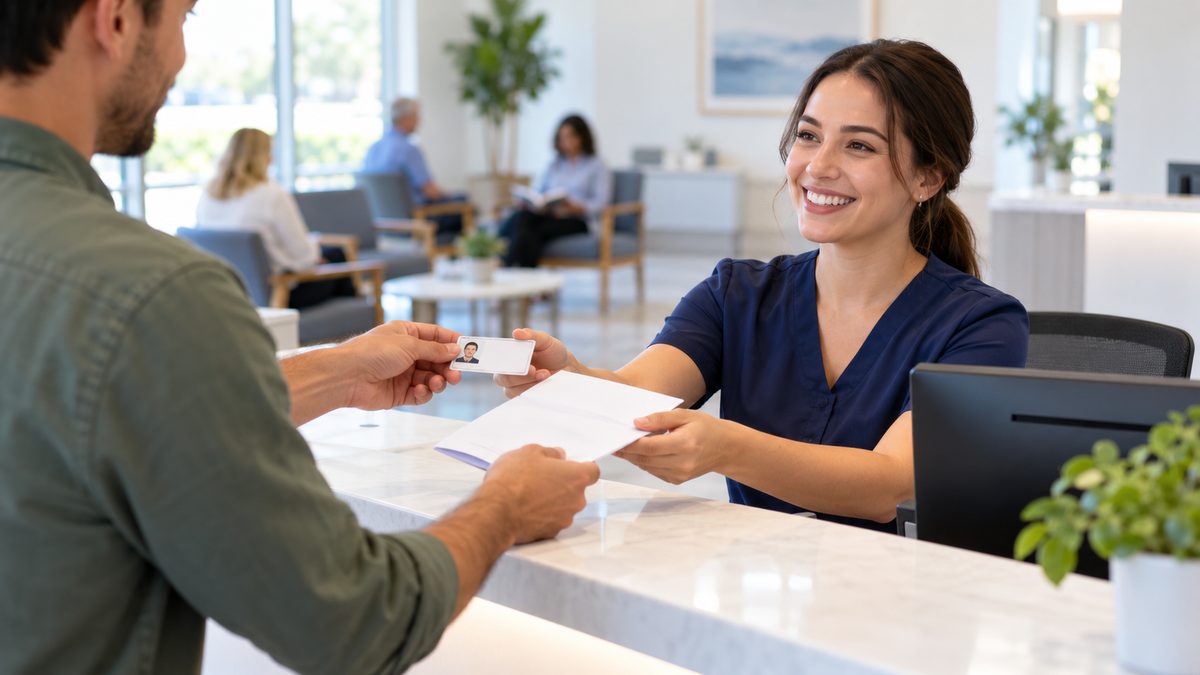 First-time plasma donor handing a photo ID and documents to a smiling receptionist at a clinic desk