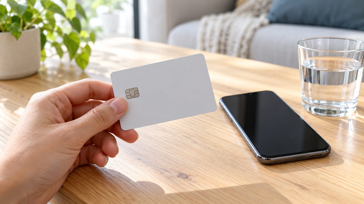 Hand holding a plain prepaid debit card next to a smartphone and a glass of water on a wooden table
