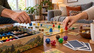 Friends playing a board game with colorful meeples, dice and cards on a wooden table