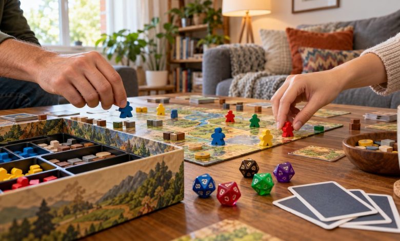 Friends playing a board game with colorful meeples, dice and cards on a wooden table