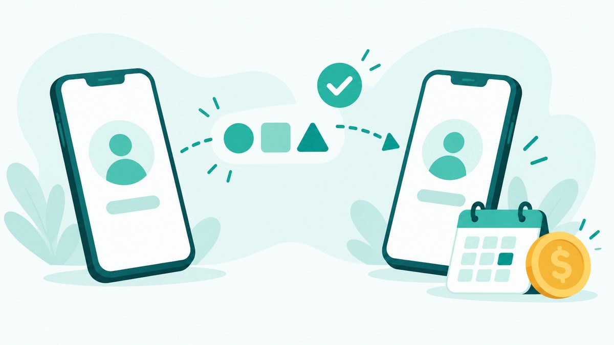 Illustration of a referral code being sent from one phone to another with a calendar and coin icon