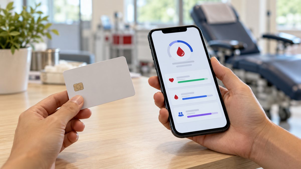 Hand holding a plain prepaid card beside a phone showing referral progress, representing a plasma referral bonus