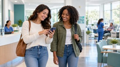 Two friends arriving together at a bright plasma donation center, one sharing a referral code on her phone