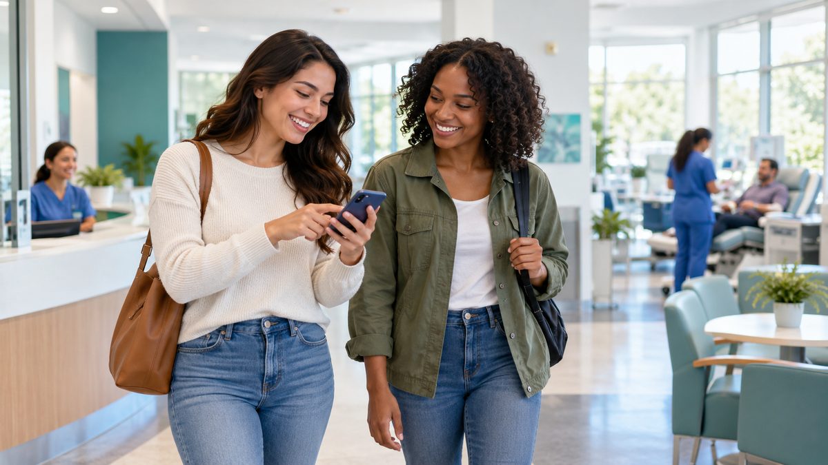 Two friends arriving together at a bright plasma donation center, one sharing a referral code on her phone