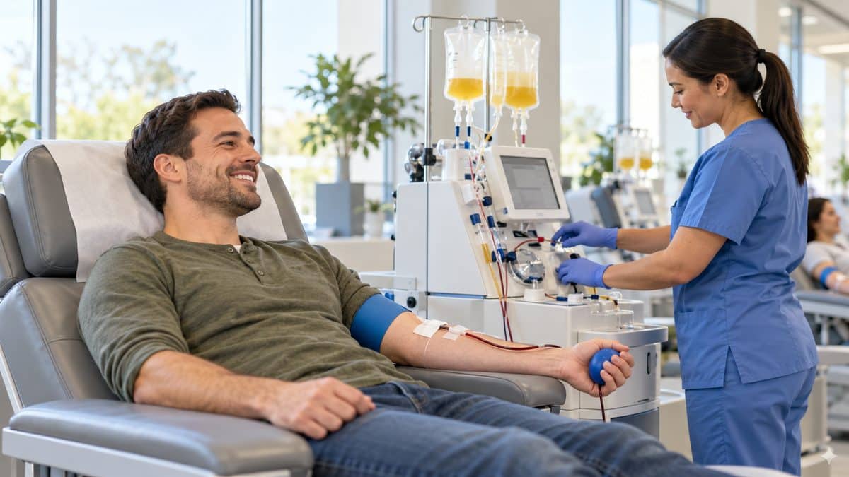Donor relaxing in a reclining chair during a plasma donation at a bright donation center