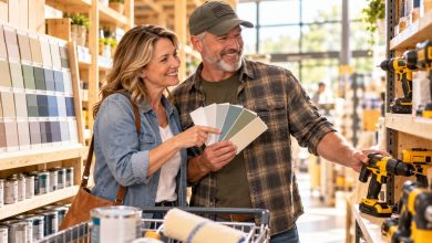 Veteran and his spouse choosing paint swatches and power tools in a home improvement store aisle