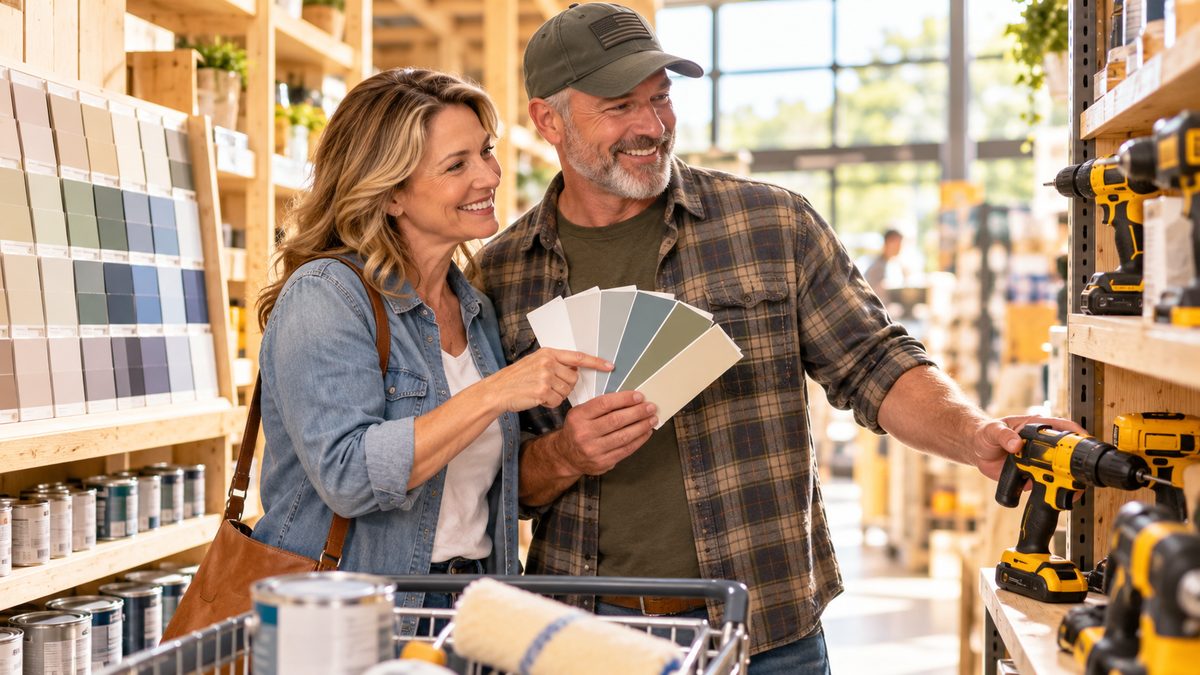 Veteran and his spouse choosing paint swatches and power tools in a home improvement store aisle