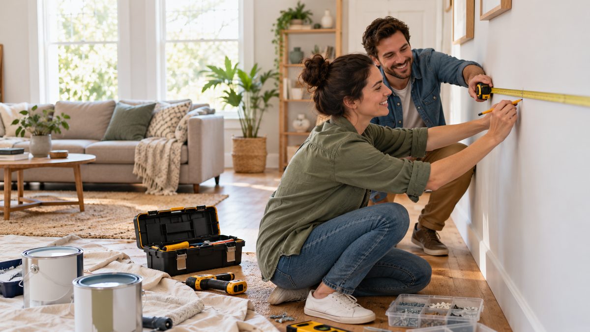 Couple measuring a wall and planning a DIY home renovation with tools and paint supplies