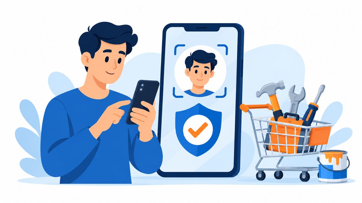 Illustration of a shopper verifying military status on a smartphone next to a cart of tools