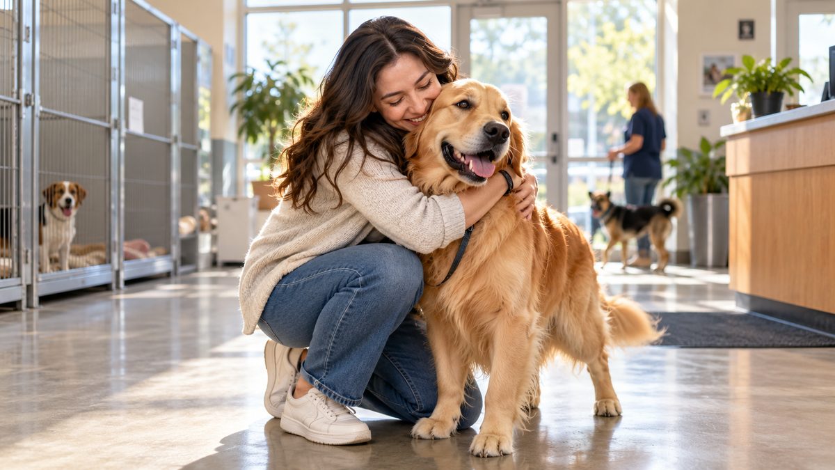 Owner hugging her golden dog during a happy reunion in an animal shelter lobby