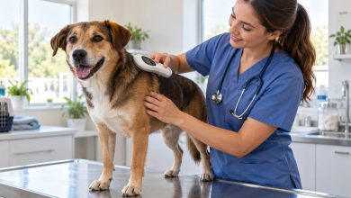Veterinarian scanning a dog for a microchip with a handheld scanner in a bright clinic
