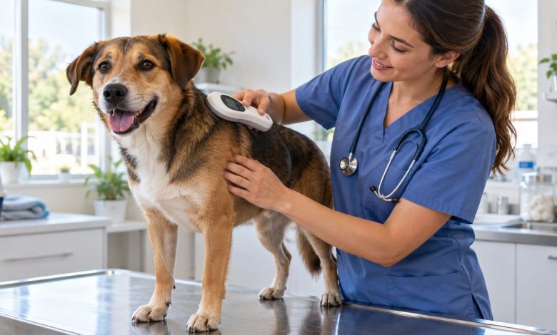 Veterinarian scanning a dog for a microchip with a handheld scanner in a bright clinic