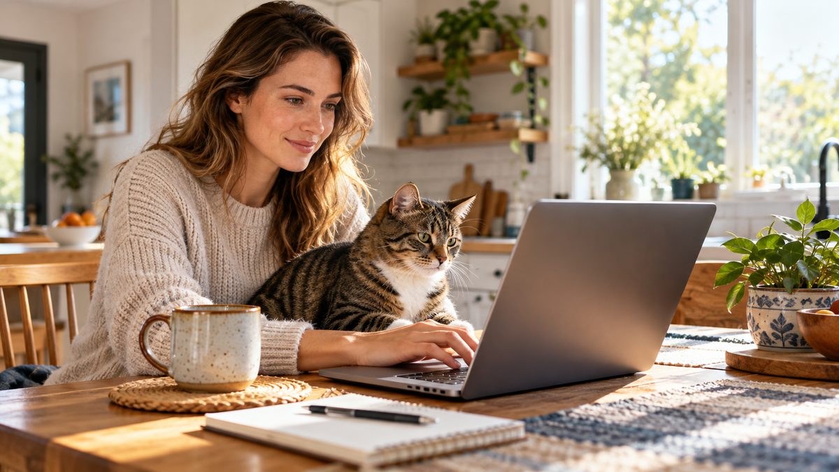 Pet owner updating her pet microchip contact details on a laptop with a cat beside her