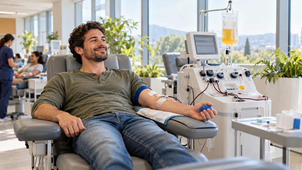 Plasma donor relaxing in a reclining chair during a donation at a bright, modern donation center