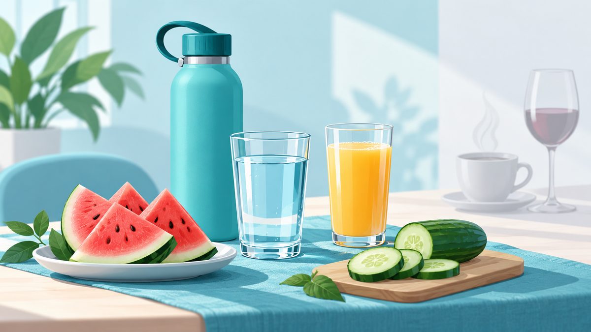 Illustration of water, juice, watermelon and cucumber for hydration before plasma donation, with coffee and alcohol set aside