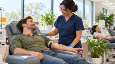 Plasma donor resting in a padded donation chair while a staff member in scrubs checks on him in a bright center