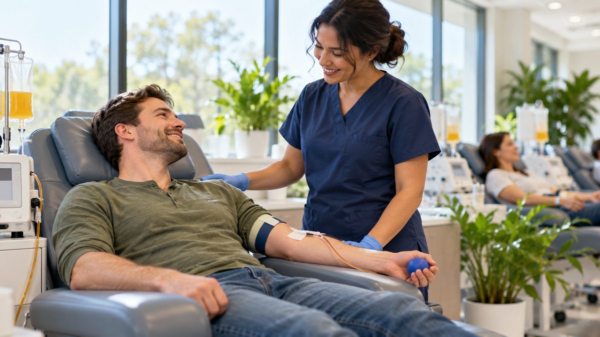 Plasma donor resting in a padded donation chair while a staff member in scrubs checks on him in a bright center