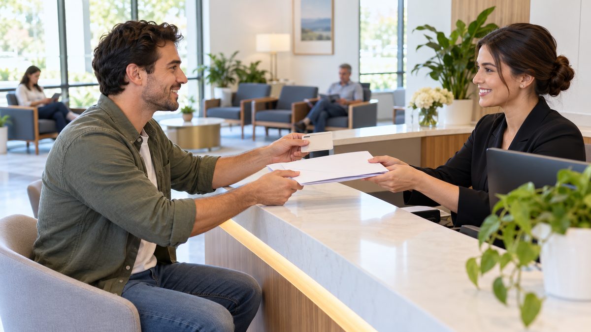 New plasma donor handing identification and paperwork to a receptionist in a welcoming lobby