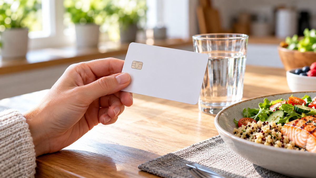 Hand holding a plain prepaid debit card next to a glass of water and a healthy meal after a plasma donation