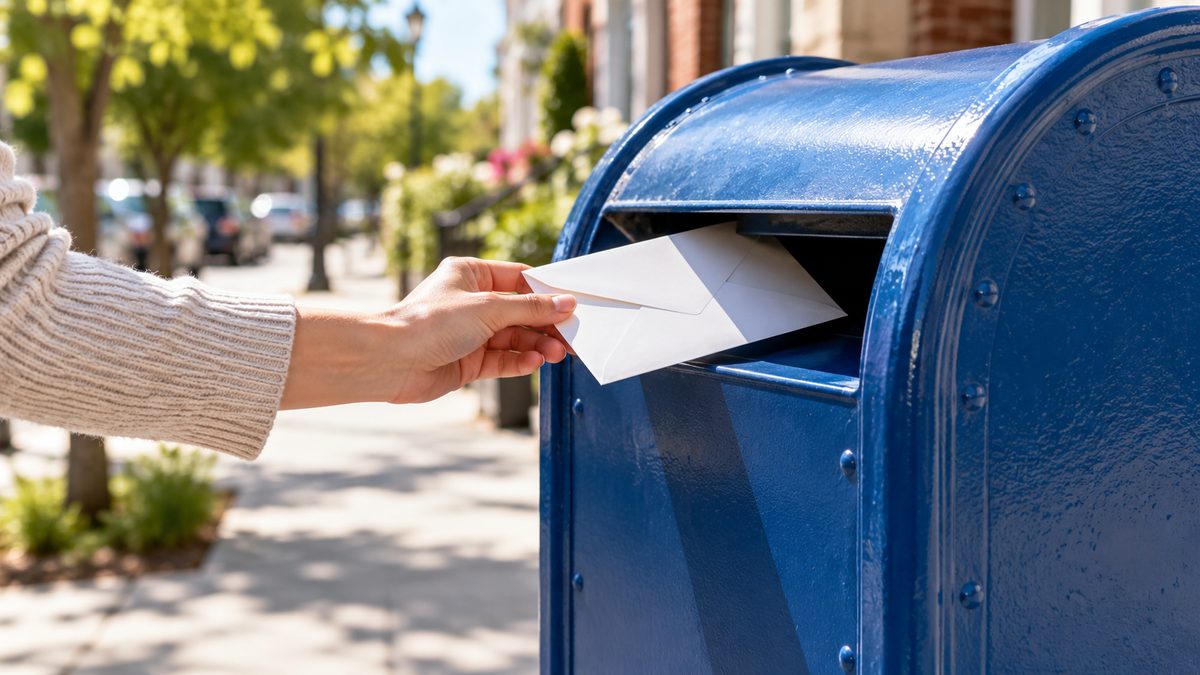 Hand dropping a greeting card envelope into a blue mailbox
