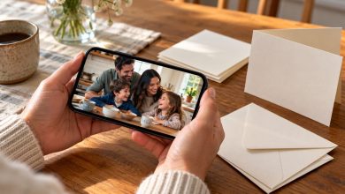 Smartphone showing a family photo next to blank greeting cards