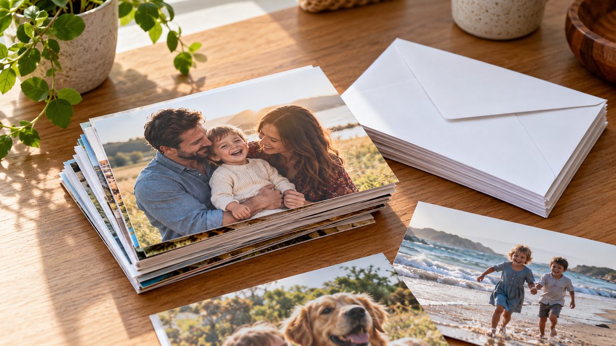 Stack of printed photo greeting cards with white envelopes