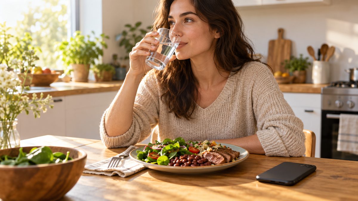 Person drinking water at a table with an iron-rich meal of spinach salad, beans and lean meat