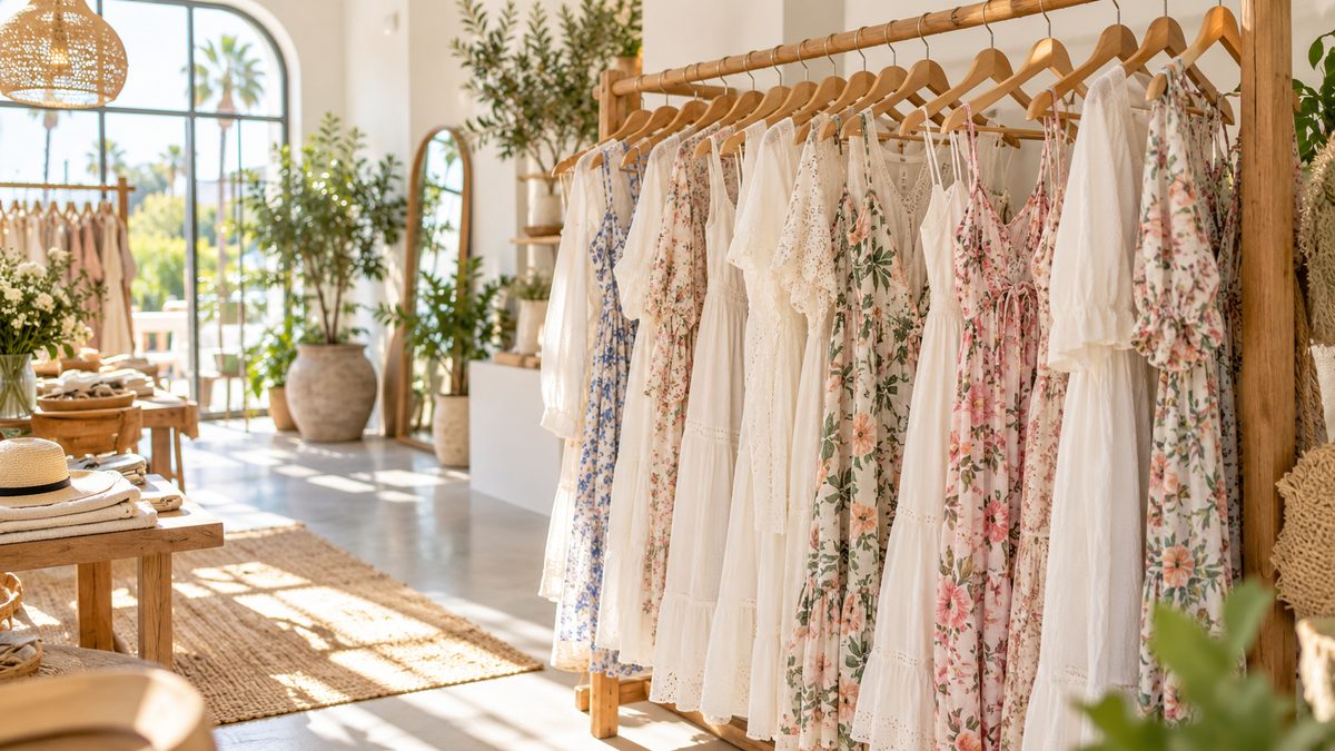Sunny women's boutique with a wooden rack of floral and white dresses