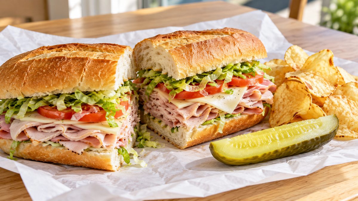 Fresh sub sandwich with ham, turkey, provolone, lettuce and tomato, served with chips and a pickle