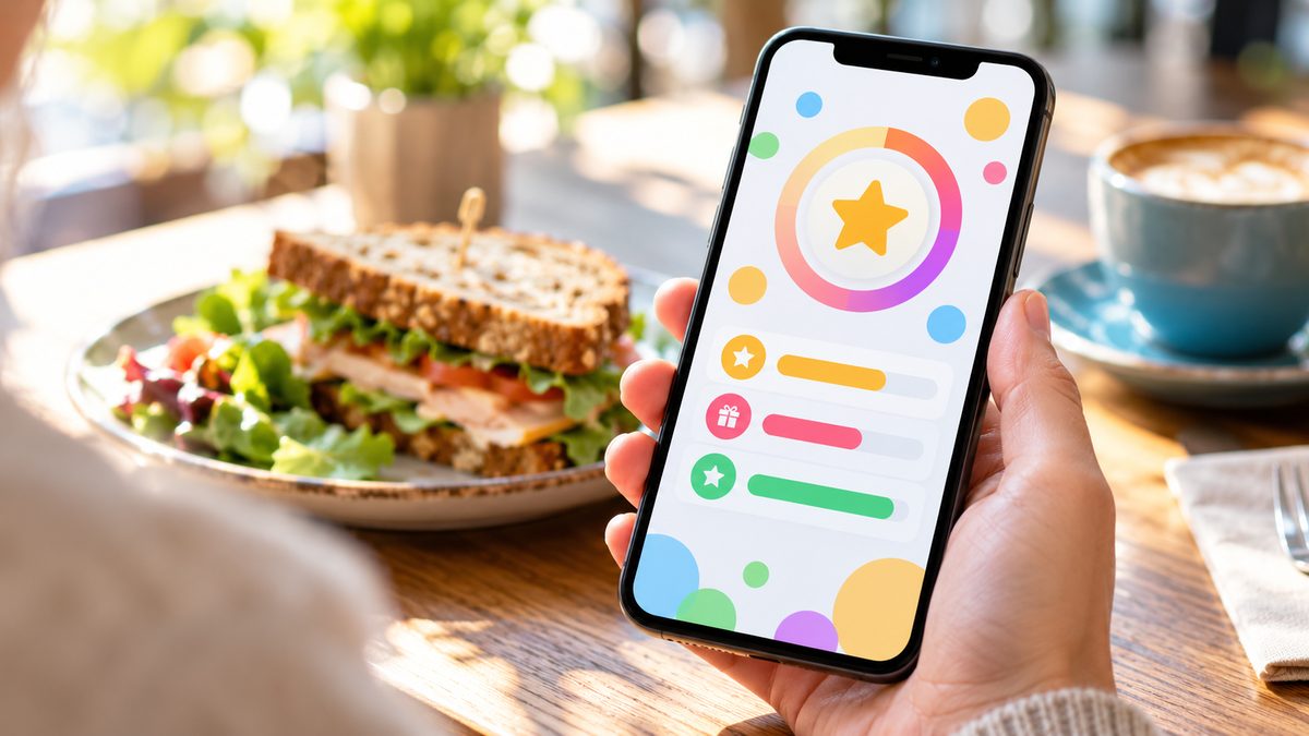 Person checking loyalty points on a smartphone app next to a sandwich lunch